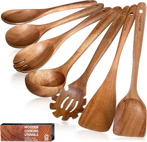 Miniatura 10 de Cucharas de madera para cocinar, juego de utensilios de cocina de madera de 5 piezas hechos de material de madera maciza natural, incluye cucharas