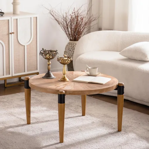 Miniatura 19 de KEVINSPACE Mesa auxiliar negra con borde dorado en la parte inferior, mesa de centro redonda para espacios pequeños, mesa auxiliar de madera mesita