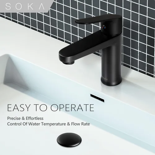 Miniatura 9 de SOKA - Grifo de baño de latón negro mate con tapón de desagüe emergente y placa de cubierta - Grifo monomando para RV con 1 o 3 agujeros