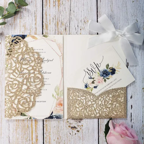 Miniatura 11 de Kit de invitaciones de boda de 5.1 x 7.1 pulgadas, 20 piezas de purpurina plateada en blanco cortado con láser con sobres y bolsillo hueco de rosa