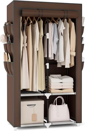 Miniatura 14 de VTRIN Armario Portátil Guardarropa Armario para Colgar Ropa con 4 Estantes de Almacenamiento, 2 Varillas para Colgar y 6 Bolsillos, Perchero Estable