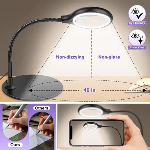 Miniatura 3 de NZQXJXZ Lupa de escritorio de 10 x 20 veces con luz y soporte, lámpara de aumento con 3 modos de color, luz iluminada para manualidades manos