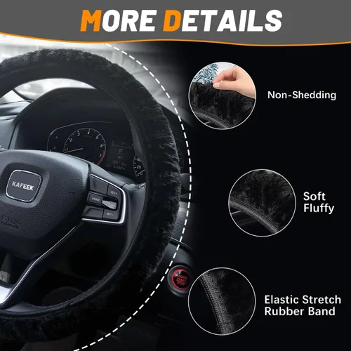 Miniatura 5 de Funda elástica Kafeek para volante, de felpa de microfibra, cálida para el invierno, universal, 15 pulgadas, antideslizante, sin olor, color negro