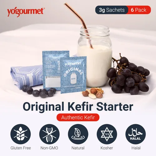 Miniatura 2 de Yogourmet Kéfir Starter (6 sobres = 6 cuartos de galón de kéfir) - Hacer kéfir en casa - Cultivo básico - Todo natural, sin gluten, kosher, Halal