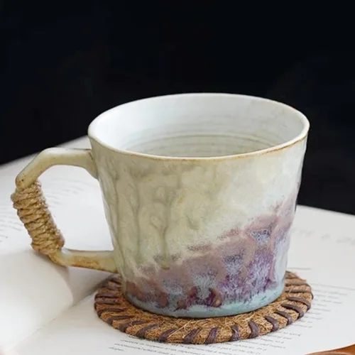 Miniatura 10 de Taza única de estilo vintage japonés retro primitivo, hecha a mano en cerámica con barniz libre de plomo, taza de té artesanal, cómoda asa, taza