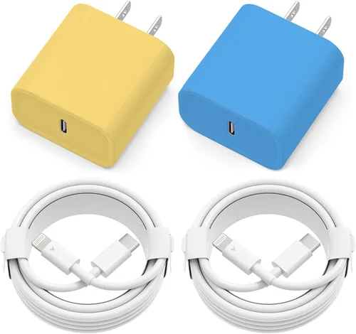 Cargador de iPhone de carga rápida, paquete de 2 bloques de cargador de pared USB C de 20 W con 2 cables tipo C a Lightning certificados MFi de 6