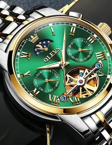 Miniatura 6 de OLEVS Relojes automáticos de cuerda automática para hombre, fecha y día, calendario, relojes de acero inoxidable, movimiento de esqueleto