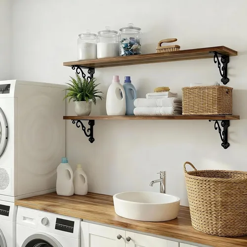 Miniatura 6 de Estantes flotantes de madera maciza para pared con soportes de metal, estante de pared de madera de pino de 2 niveles de 36 pulgadas, adecuado