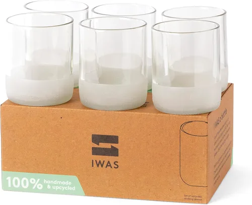 IWAS Upcycled - Vasos transparentes para beber | 8.45 onzas | Juego de 6 vasos de agua sostenibles | Vasos transparentes respetuosos con el medio