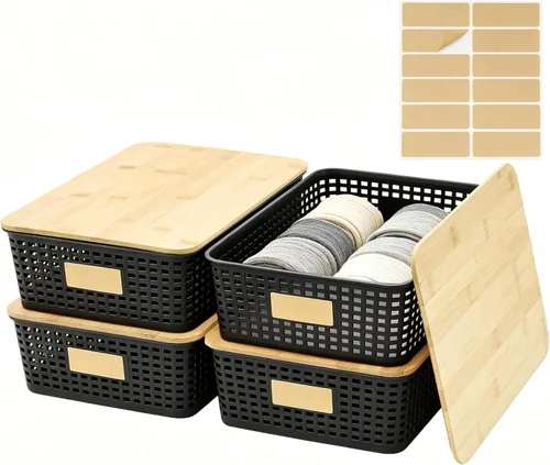 Miniatura 15 de Bagnizer Contenedores pequeños de plástico con tapas de bambú de 5.2 cuartos de galón, cesta apilable para despensa, contenedores decorativos lindos