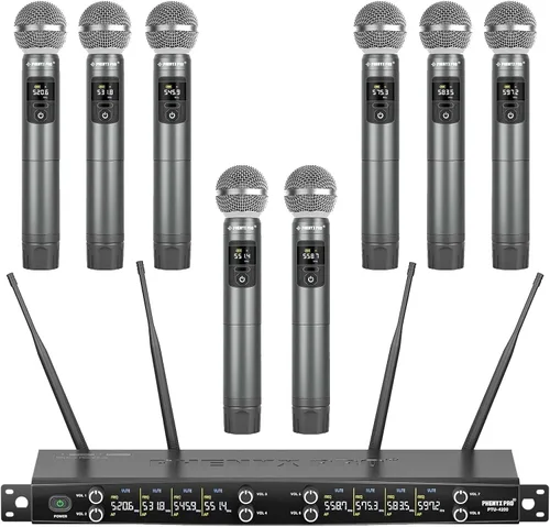 Phenyx Pro Sistema de Micrófono Inalámbrico, Set de Micrófono Inalámbrico de Metal de 8 Canales con 8 Micrófonos Inalámbricos, Frecuencias UHF 8x20,