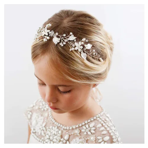 Miniatura 7 de SWEETV - Diadema de niña de flores para boda, pieza de pelo de perlas florales para bebé, diadema dorada para fiesta de cumpleaños, fotografía Dorado