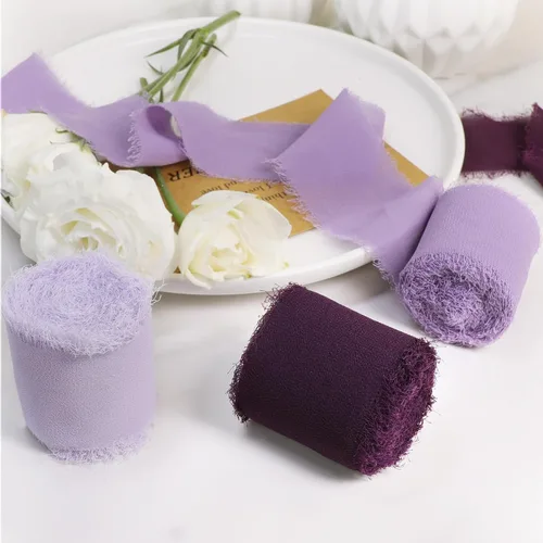 Miniatura 5 de Cinta de gasa de seda con flecos de 1-1/2 pulgadas x 16.5 yardas, 3 rollos de cintas hechas a mano para envoltura de regalos, invitaciones de boda