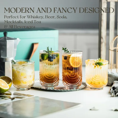 Vasos de cóctel Art Deco, juego de vasos acanalados de 8,14 onzas y vasos de cóctel de 12 onzas, vasos de agua de cocina, vaso de bar, juego de