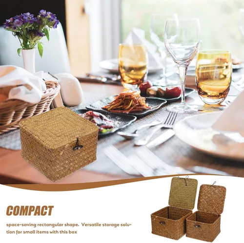 Miniatura 7 de Yardwe Cesta de almacenamiento tejida rectangular de la cubierta de la caja del tejido del pañuelo-ahorro de espacio