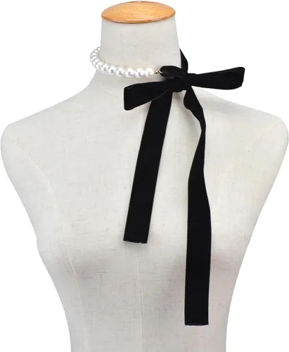 Miniatura 2 de AKOAK 1 paquete de collar de lazo negro vintage con lazo de perlas, longitud ajustable, elegante collar de joyería único, cadena de suéter