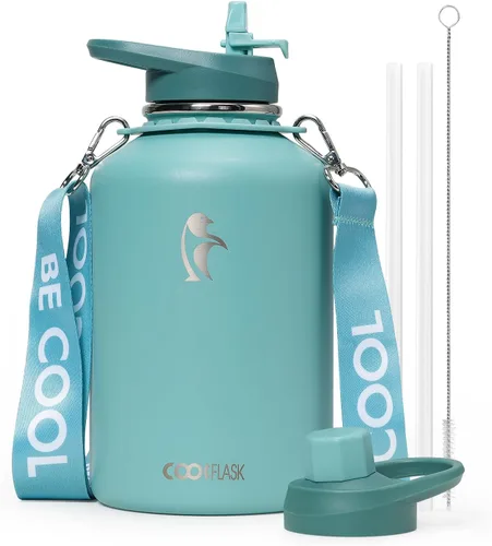 Miniatura 14 de Botella de agua Coolflask de 40 onzas con correa, botella de agua metálica aislada con popote y tapas con pico, acero inoxidable de doble pared al