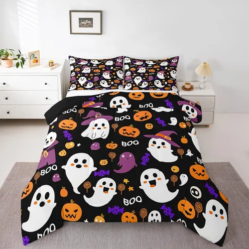 Miniatura 30 de Feelyou Juego de edredón de Halloween, color rosa fantasma, juego de ropa de cama tamaño individual, decoración para niños y niñas, lindo juego