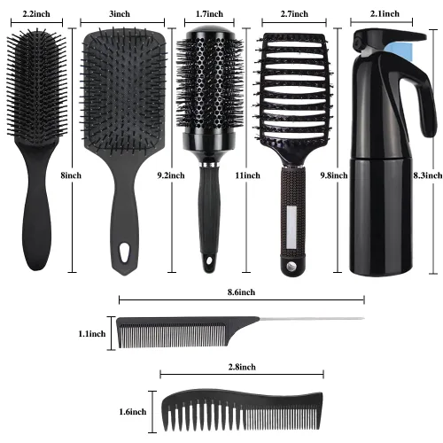 Miniatura 5 de Juego de 8 cepillos de pelo rizado, cepillos para el cabello para mujer, cepillo redondo para secar con soplado, cepillo de pala, apto para Negro