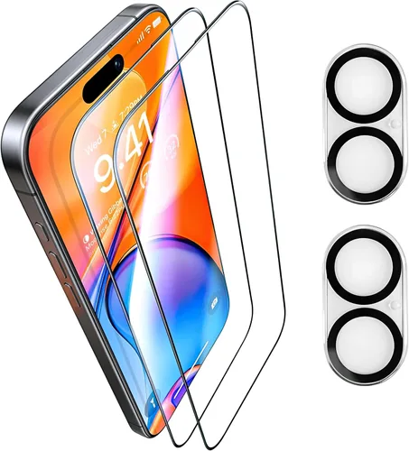 Miniatura 9 de Paquete de 2 protectores de pantalla para iPhone 15 Pro + 2 protectores de lente de cámara 9H + vidrio templado de grado militar, inastillable