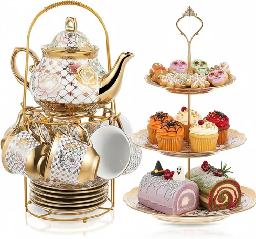 Miniatura 11 de Maxcheck Juego de 21 piezas para fiesta de té para adultos, juego de té floral europeo con soporte de metal y soporte de pastel de cerámica de 3