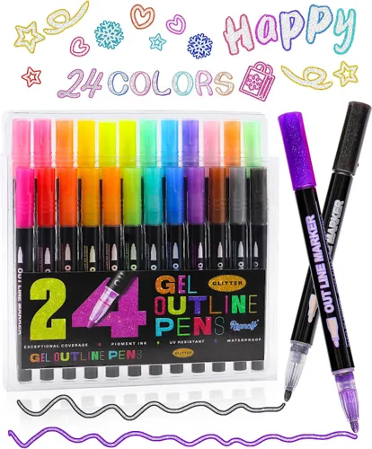 Marcadores metálicos de contorno Super Squiggles, marcadores de 24 colores, bolígrafo de doble línea, bolígrafos brillantes para dibujo artístico,