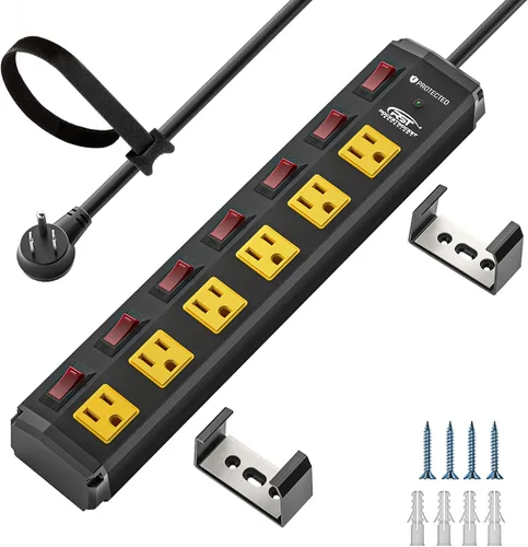 Miniatura 12 de CRST Regleta de alimentación de metal de 6 tomas con interruptores individuales, protector contra sobretensiones montable para garaje, taller