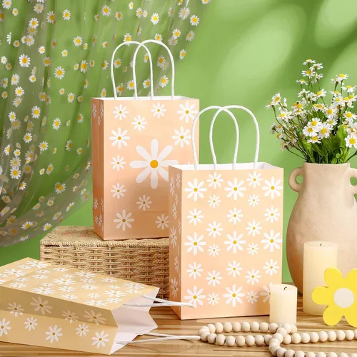 Miniatura 3 de Outus 24 bolsas de regalo de margaritas para fiestas, bolsas de papel de regalo de flores bohemias con asas, bolsas de papel retro hippie