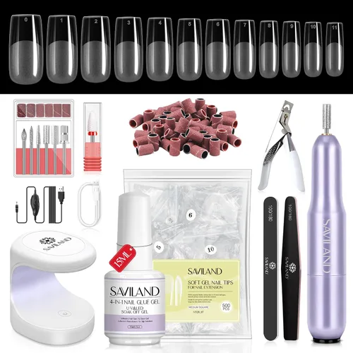 Miniatura 31 de Saviland Kit de iniciación de uñas acrílicas: polvo y líquido acrílico rosa claro nude, cepillo, limas, formularios, uñas a presión, juego