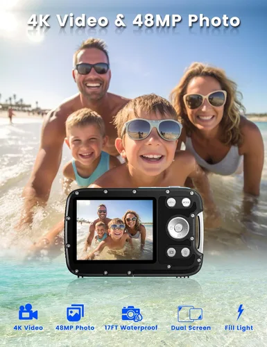 Miniatura 2 de Cámara subacuática 4K 48MP Autofocus Selfie Cámara impermeable de doble pantalla con correa flotante y tarjeta de 32 GB, cámara digital compacta