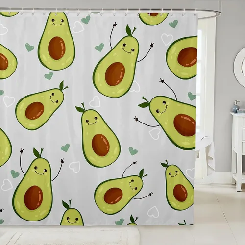 Manfei Cortina de Ducha de Aguacate Lindo Estampado de Aguacate de Dibujos Animados Cortina de Baño para Niños y Niñas Tema de Frutas Cortina de