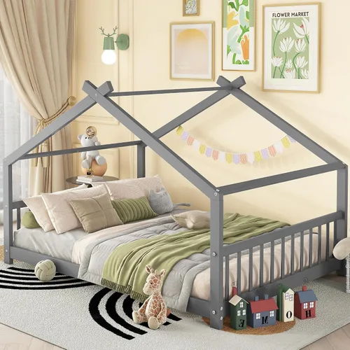Miniatura 11 de Bellemave Montessori - Cama de suelo tamaño individual, marco de cama individual con cabecero, estribo, cama Montessori de madera con listones
