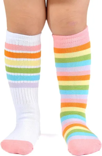 Miniatura 7 de EPEIUS Calcetines altos hasta la rodilla con rayas de arco iris para bebé, calcetines de tubo antideslizantes para uniforme de fútbol para niños