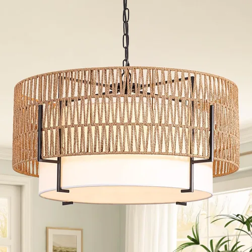 Miniatura 10 de Lámpara Colgante de Ratán, Candelabro Boho de 12.6" con Pantalla de Tela, Lámpara Colgante Estilo Granja Candelabro para Comedor, Sala de Estar