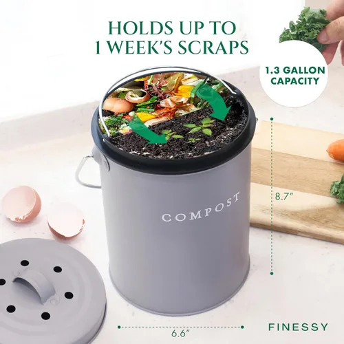 Miniatura 6 de FINESSY - Cubo de compost interior sin olor para cocina con tapa para compostar residuos de alimentos, cubo de compost de cocina de acero inoxidable