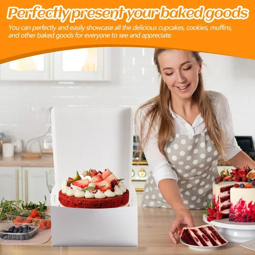 Miniatura 4 de Ireer 50 unidades de cajas de pastel blancas de 10 x 10 x 5 pulgadas, cajas de cartón para panadería para pasteles, galletas y postres