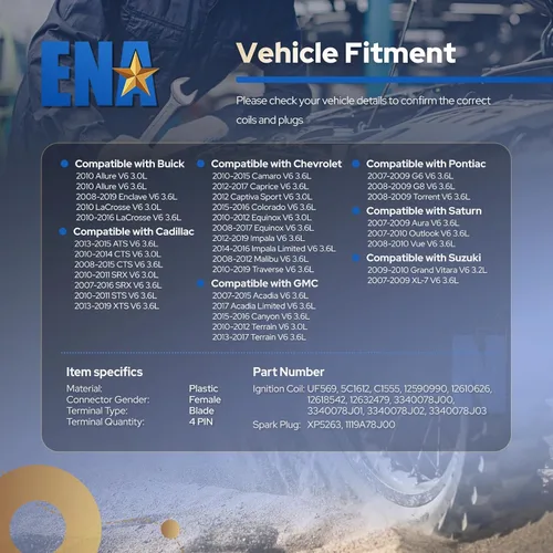 Miniatura 7 de ENA Paquete de 6 bobinas de encendido UF569 azul con 6 bujías de iridio 3.6 V6 compatibles con Buick Chevy Cadillac Allure Enclave ATS CTS SRX STS