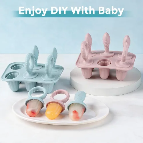 Miniatura 8 de Moldes de silicona para paletas de bebé, 6 cavidades para niños pequeños, molde para helado con palitos para jugo de frutas, yogur, moldes de Rosa