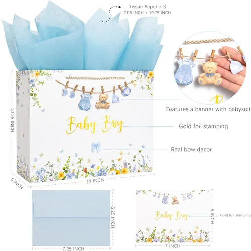 Miniatura 2 de Crisky Bolsa de regalo grande de 13" para niño con papel de seda, tarjeta de regalo y lazo para decoración de baby shower y cumpleaños de niño