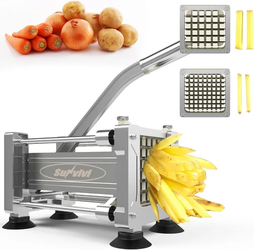 Sunvivi Cortador de papas fritas de acero inoxidable: con 2 cuchillas reemplazables (1/2 y 3/8 pulgadas), cortador profesional para papas,
