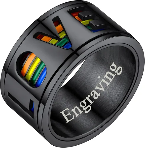 Miniatura 9 de FaithHeart Anillos para ansiedad LGBT Pride Rainbow, acero inoxidable/chapado en oro de 18 quilates, joyería de amor es amor para hombres y mujeres