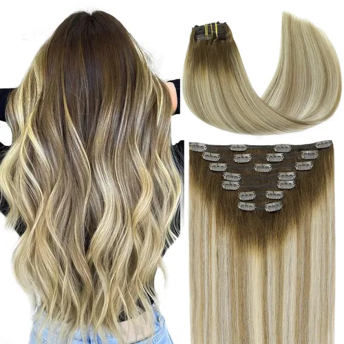 Miniatura 19 de VINBAO Extensiones de cabello humano con clip, balayage, color marrón ceniza a rubio caramelo, 14 pulgadas, 6 unidades, 3.53 onzas, 6