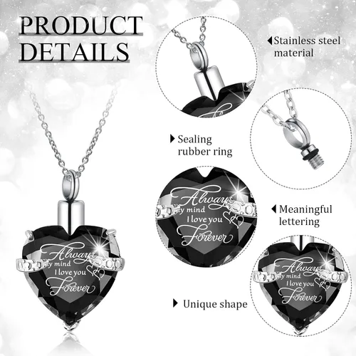 Miniatura 25 de 16 piezas de collar de urna para cenizas, medallón de cenizas talladas de acero inoxidable impermeable con 8 kit de relleno, cilindro de corazón