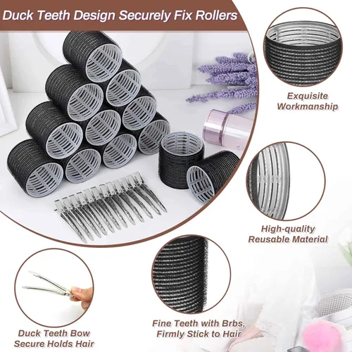 Miniatura 4 de Juego de rodillos grandes para el cabello, 24 piezas con 12 rodillos jumbo y 12 clips para volumen de cabello largo y grueso (negro)