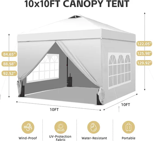 Miniatura 2 de GDY 10x10FT Pop-Up Canopy Tent — with 4-Side Walls & Vented Top, Portable Outdoor Event Tent for Garden, Poolside, Parks, Parties,Camping, White.
