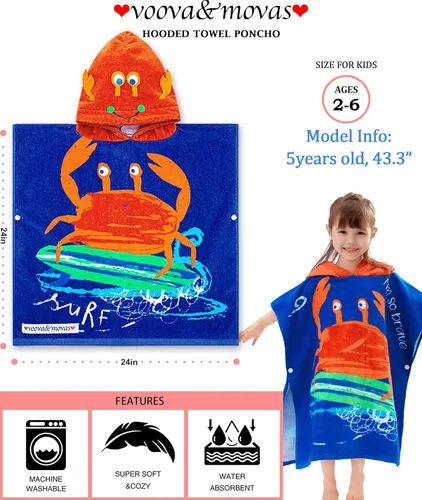 Miniatura 3 de VOOVA & MOVAS Toallas tipo poncho para niños pequeños (2-6 años, 24 x 48 pulgadas), 100% algodón, suave, absorbente, con capucha, perfectas
