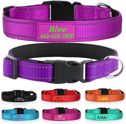 Miniatura 10 de Collar de perro de nailon reflectante personalizado con nombre y número de teléfono personalizados, 5 tamaños y 3 fuentes, acolchado de neopreno