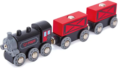 Miniatura 8 de Hape Steam-Era Tren de carga Juguete clásico de locomotora para niños negro y rojo con vagones de carga descargables