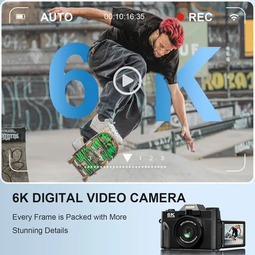 Miniatura 8 de Yatao Cámaras digitales para fotografía y vlogging, pantalla giratoria 6K 64MP, lente dual, micrófono para video, tarjeta TF de 64GB, cámara