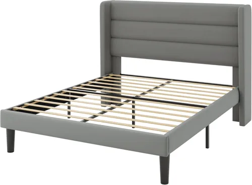 Miniatura 9 de Allewie - Base de cama tamaño Queen con cabecera tapizada en terciopelo con respaldo abatido, sin necesidad de somier, espacio de almacenamiento Gris